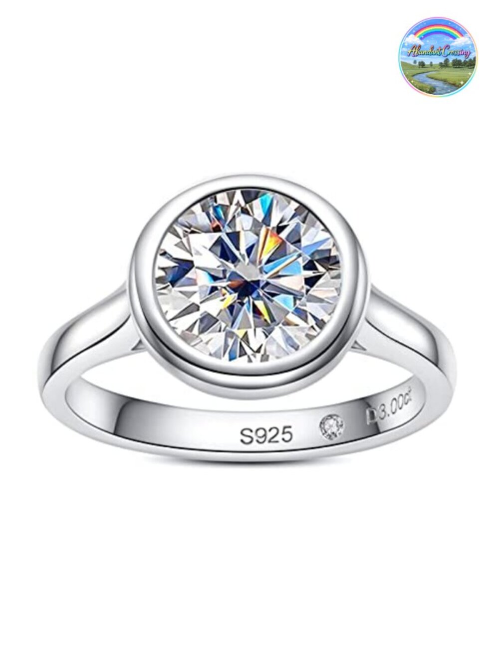 Moissanite Engagement Ring, 925 Sterling Silver, 14k White Gold Plated, Bezel
